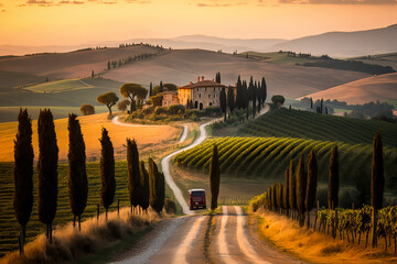 The breathtaking beauty of Tuscany with this gorgeous countryside scene featuring rolling hills, vibrant vineyards, and picturesque farmhouses. Watch the sun set over the landscape, Generative AI