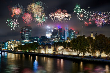 Wall Mural - Fireworks celebration at Financial District of London. England