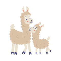 Sticker - Cute llama family. Animal parent and its baby. Happy parenthood cartoon vector illustration