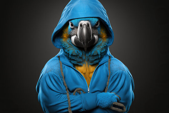 Fit parrot in sportswear blue studio portrait, concept of Athletic and Posing, created with Generative AI technology