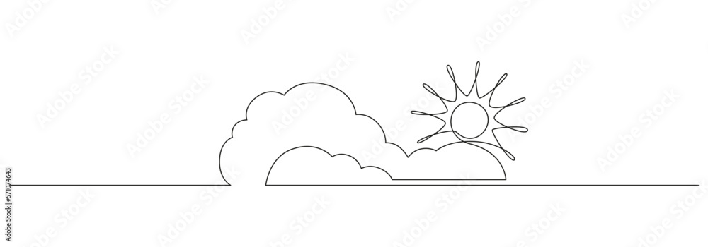 One continuous line drawing of Clouds with sun in the sky. Weather ...