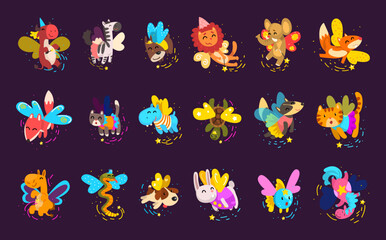 Poster - Cute flying animals set. Funny snake, cat, lion, hippo, cat, fox, badger, rabbit, dog, zebra flying with wings vector illustration