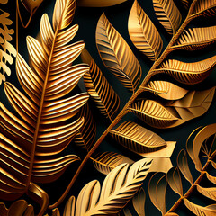  Tropical golden leaves background, jungle rainforest plants wallpaper. Generative AI