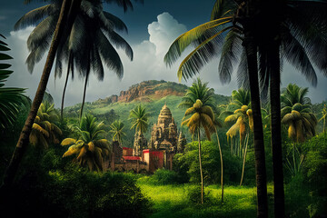 Wall Mural - Illustration of Hindu temple in a village  between palm trees, AI generated image