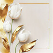 Watercolor white tulip flowers greeting card background with tulips plants. Generative AI