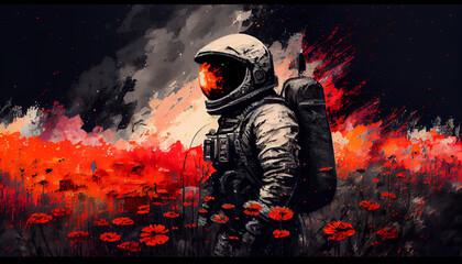 Wall Mural - spaceman in a field of red poppies. painting, generative ai