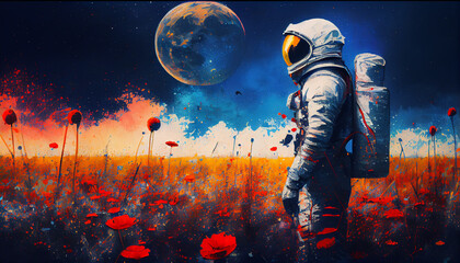 Wall Mural - astronaut in a field of red poppy flowers. painting, generative ai