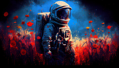 Wall Mural - painting of an astronaut in a field of red poppy flowers. generative ai