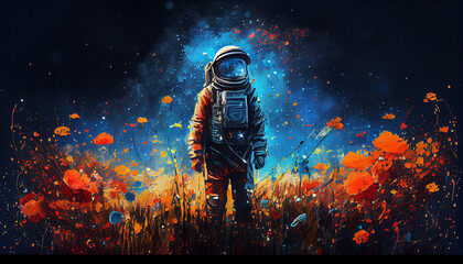 Wall Mural - astronaut in a field of red poppy flowers. artwork, painting, generative ai