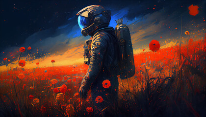 Wall Mural - astronaut in spacesuit in red poppy field. artwork, painting, generative ai