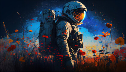 Wall Mural - astronaut in a spacesuit in a field of red poppies. artwork, painting, generative ai