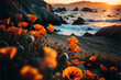 A beautiful craggy coastline with California Poppies and a setting sun, generative AI