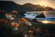 A beautiful craggy coastline with California Poppies and a setting sun, generative AI