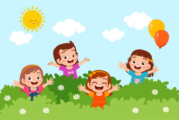 Poster - little kid play together with friend and feel happy