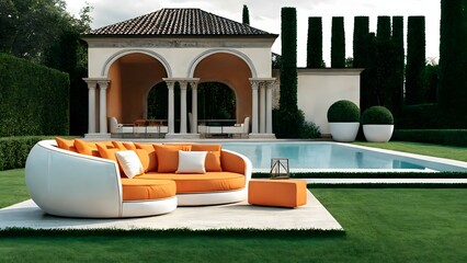 a beautiful lawn pool with white sofa red pillow in the backyard, a comfortable outdoor