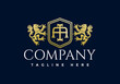 Luxury Lion crest heraldry logo. Elegant gold heraldic shield icon.