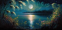 Beautiful Harvest Moon Rising Over A Clear Lake With Trees And Flowers. Abstract Landscape Colorful Painting Of Night On Magic.