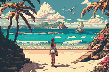 Pixel art of woman travel at tropical beach abstract background. Summer vacation and holiday concept. Generative ai