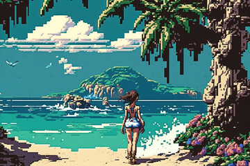 Pixel art of woman travel at tropical beach abstract background. Summer vacation and holiday concept. Generative ai