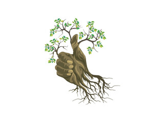 Sticker - bonsai tree with eco friendly thumbs up sign vector design. old tree with Green leaf and roots.