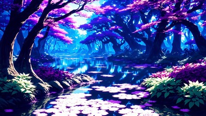 Wall Mural - beautiful wallpaper of a forest with beautiful trees and river in anime style. generated with ai