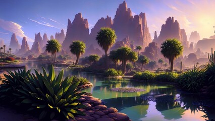 Wall Mural - beautiful wallpaper of a desert with beautiful palms and river in anime style. generated with ai