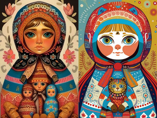 Wall Mural - Russian doll illustration. Colorful character design with contrast background. Isolated composition, collection