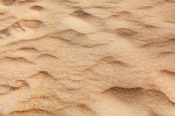 Wall Mural - Wavy yellow sand texture closeup background, sandy waves pattern, natural beige sand grains backdrop, rippled dry sand surface top view, light orange desert dune, summer tropical sea beach, copy space