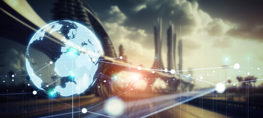 Aufkleber - Futuristic city and global communication network concept. Wide angle visual for banners or advertisements.
