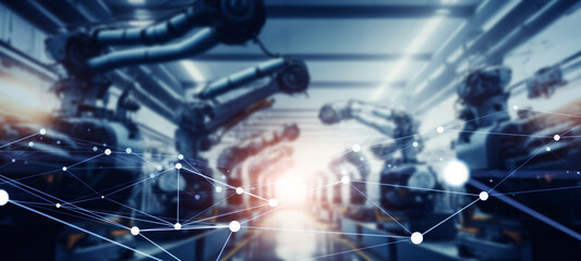 Poster - Futuristic automobile factory and communication network concept. Industrial internet of things. IIoT. Wide angle visual for banners or advertisements.