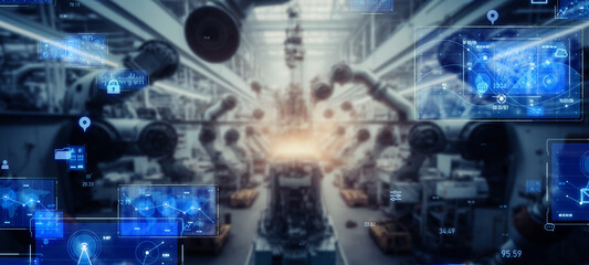 Poster - Futuristic automobile factory and digital control system concept. Industrial internet of things. IIoT. Wide angle visual for banners or advertisements.