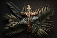 Christian Cross With PALM Leaf, 3d Art Style With Natural Color, Palm Sunday Poster Events Background, AI Generated