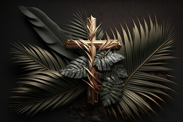 christian cross with palm leaf, 3d art style with natural color, palm sunday poster events backgroun