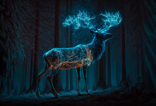 Magical Spirit Stag With Beautiful Shinning Antlers In A Fantasy Forest.