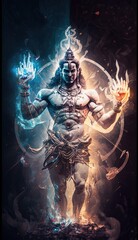 Wall Mural - Generative AI Hindu god Shiva, Colorful indian hindu God Shiva hand holding Trident. God Shiva epic pose with trishula, magic in hand for t-shirt print, poster - Hindu religious art.