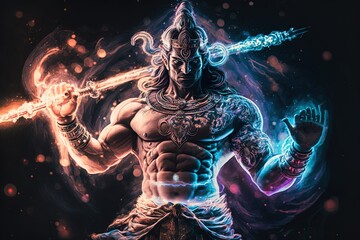 Wall Mural - Generative AI Hindu god Shiva, Colorful indian hindu God Shiva hand holding Trident. God Shiva epic pose with trishula, magic in hand for t-shirt print, poster - Hindu religious art.