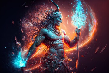 Wall Mural - Generative AI Hindu god Shiva, Colorful indian hindu God Shiva hand holding Trident. God Shiva epic pose with trishula, magic in hand for t-shirt print, poster - Hindu religious art.