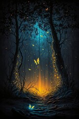 Fototapete - firefly in the forest at night with Generative AI