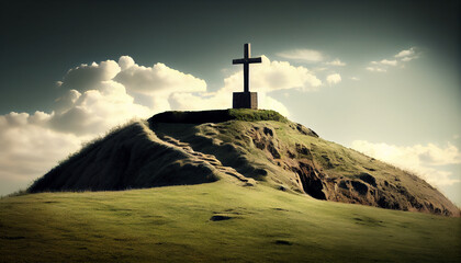 Cristian cross on top of a green hill with dramatic skies, Generative AI.