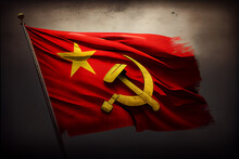 Tattered Communist Flag On Grey Background. Generative AI.