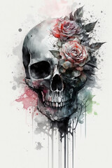 Wall Mural - watercolor skull flower with Generative AI