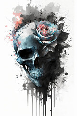 Wall Mural - watercolor skull flower with Generative AI