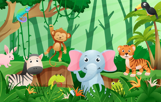 Fototapete - Wildlife animals in jungle scene . Kids style . Vector .