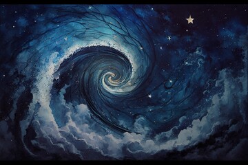 Wall Mural - swirling night sky, with stars, blue with Generative AI