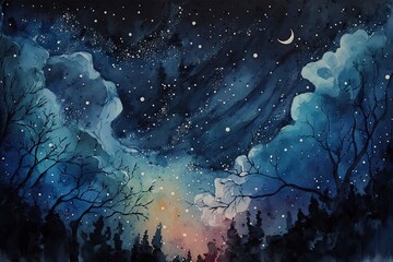 Wall Mural - sky with stars and moon, watercolor with generative ai