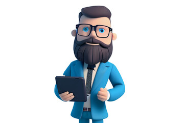 Wall Mural - 3d cartoon character cute smiling businessman with holding using tablet computer on blue background, image ai midjourney generated