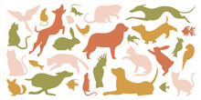 Cartoon Pets Silhouettes Flat Icons Set. Abstract Design Of Mammals. Shapes Of Bird, Mouse, Cat, Fish, Dogs