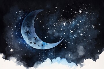 Wall Mural - sky with stars and moon, watercolor with generative ai