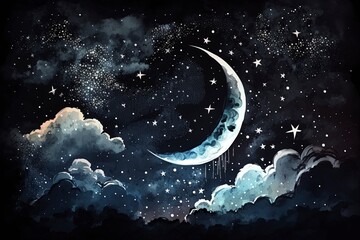 Wall Mural - sky with stars and moon, watercolor with generative ai