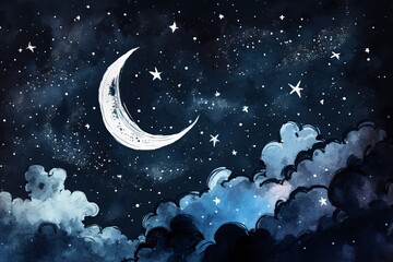 Wall Mural - sky with stars and moon, watercolor with generative ai